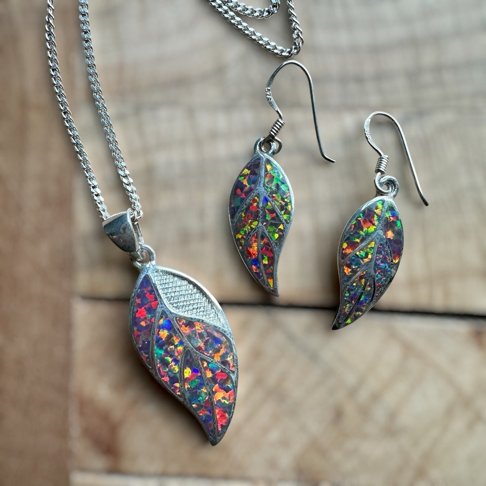 Ari Norman Pendant Necklace 18 Inch Earring Set Resin‎ Opal 925 Sterling 12.4g